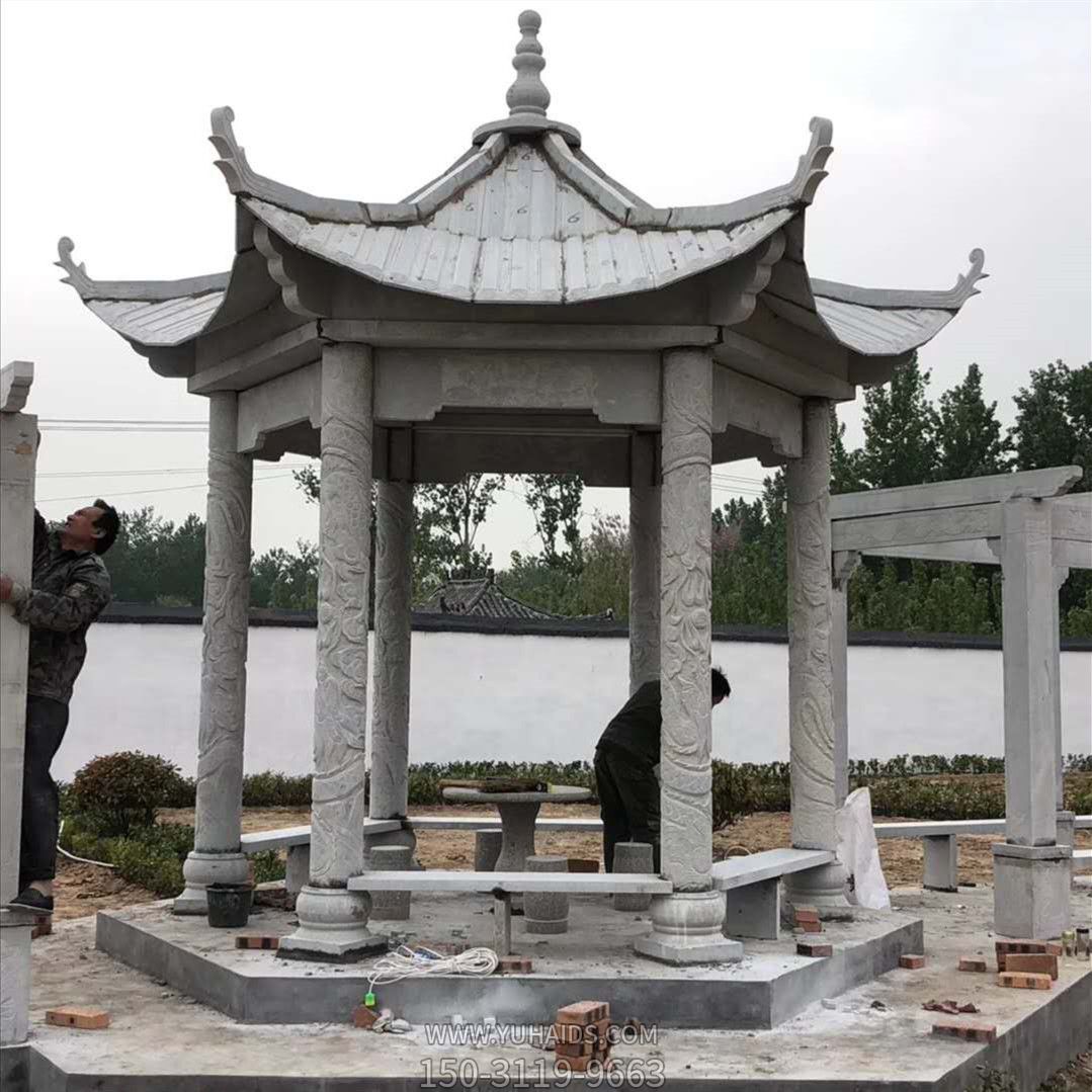 公園庭院擺放仿古建筑六角雕刻長(zhǎng)廊休閑涼亭雕塑