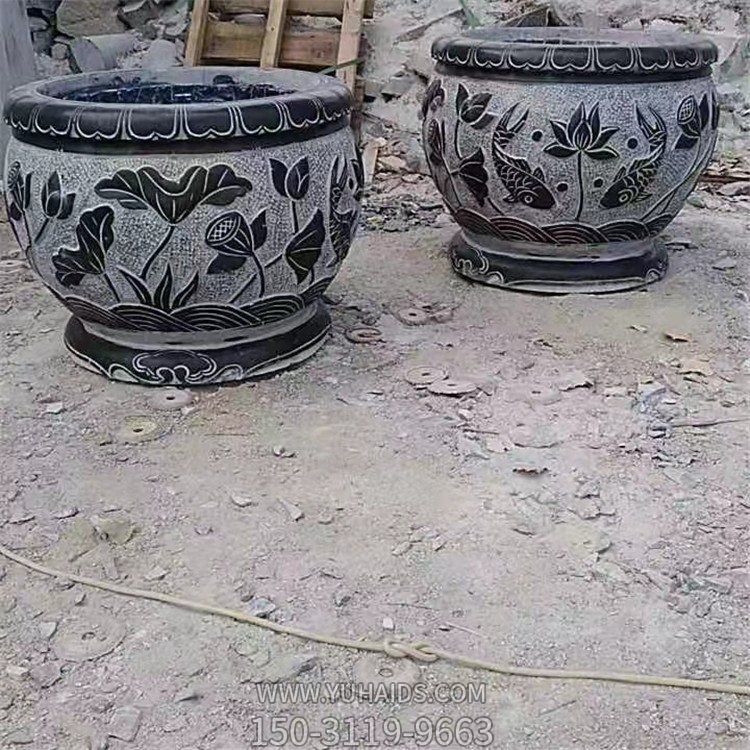 鯉魚，荷花，荷葉紋飾石雕水缸雕塑