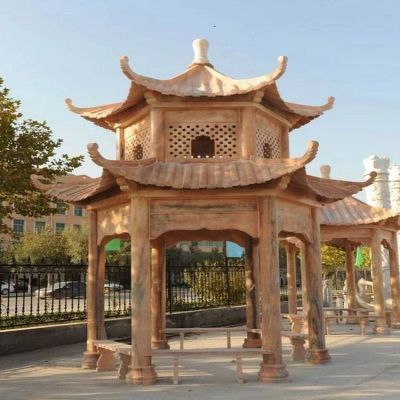  公園 古建休閑石雕亭子晚霞紅戶外石涼亭 精雕單層六角涼亭雕塑