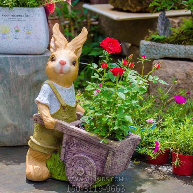 公園景區(qū)玻璃鋼彩繪推著花盆車的兔子雕塑