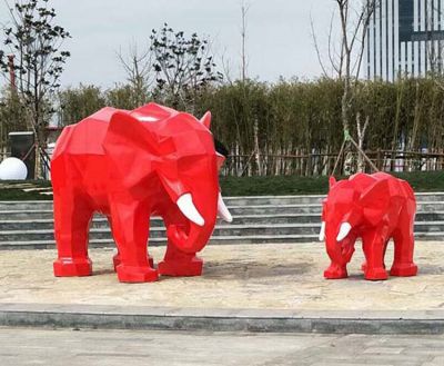 公園景區(qū)大象景觀玻璃鋼彩繪紅色幾何大象雕塑