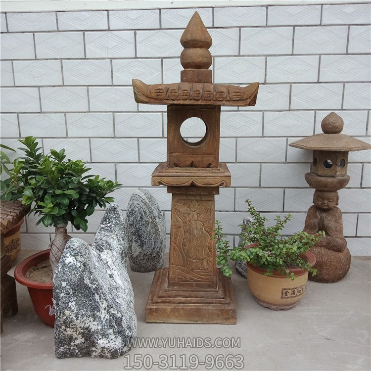 仿古青石頭燈地戶外花園擺件太陽(yáng)能中式石燈雕塑