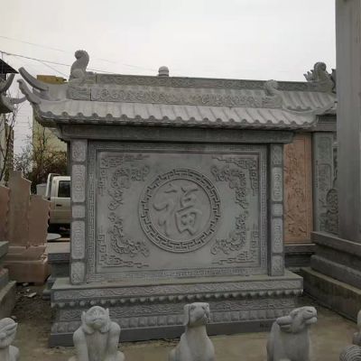 庭院入口玄關(guān)擺放青石浮雕福字 影背墻壁畫(huà)